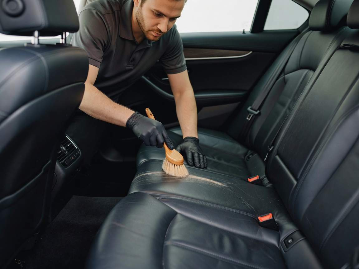 Detailing technician cleaning high contact spots of black leather car seats using soft horsehair brush